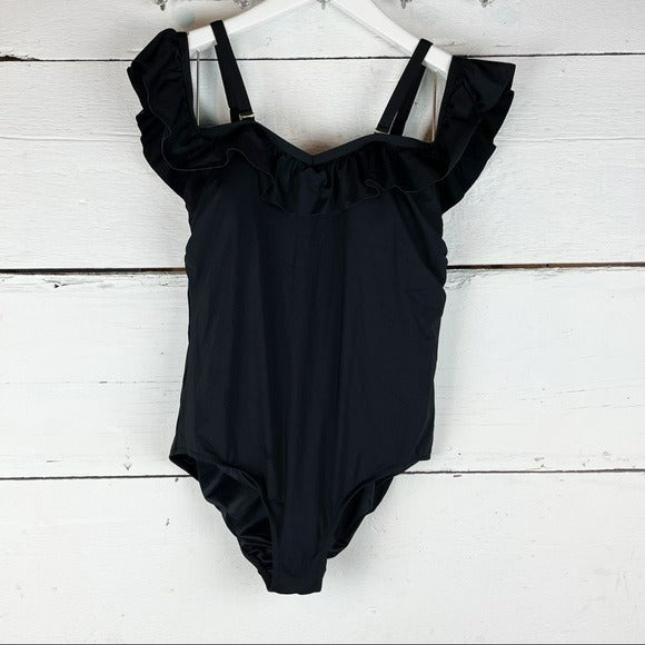 Costum de Baie Modelator – Fără Bretele cu Volănașe, Negru