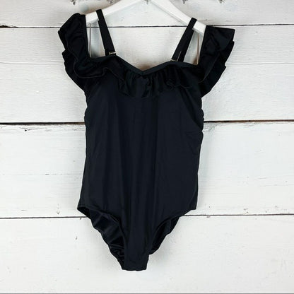 Costum de Baie Modelator – Fără Bretele cu Volănașe, Negru
